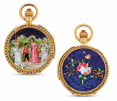 Invicta, 18K金及琺瑯鑲珍珠獵殼懷表，配三問功能，約1890年制，在香港佳士得2013年春拍中以18.75萬港元（約合人民幣15萬元）成交。