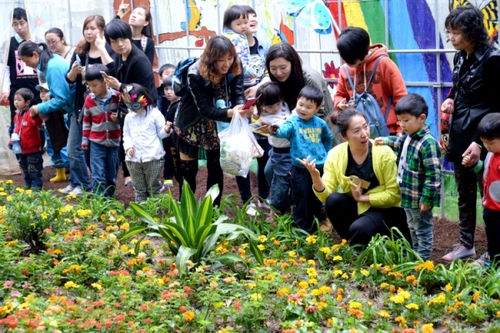 4月27日，游客在“蝴蝶谷”觀賞花叢中的蝴蝶。