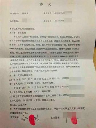 男女雙方簽署的協(xié)議書。