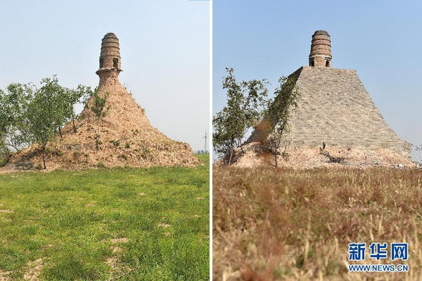 左圖：修繕前的山西祁縣文峰塔（7月28日攝）；右圖：修繕后的文峰塔（10月15日攝）（拼版照片）。