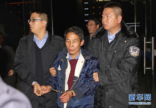 11月4日，嫌犯張樣喜被緝捕人員押往弋陽縣公安局。經警方證實，江西弋陽縣砍殺3名小學生，導致2死1重傷的嫌犯張樣喜，已于4日17時40分左右被警方抓獲。 10月31日上午11時45分左右，江西省上饒市弋陽縣圭峰鎮(zhèn)羅家村3名一年級小學生在放學回家途中被一男子砍殺，致2死1重傷。新華社發(fā)（彭俊 攝）