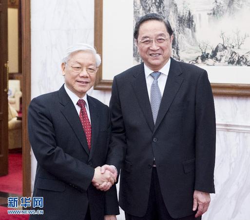 4月8日，中共中央政治局常委、全國政協(xié)主席俞正聲在北京會見越共中央總書記阮富仲。 新華社記者 王曄 攝