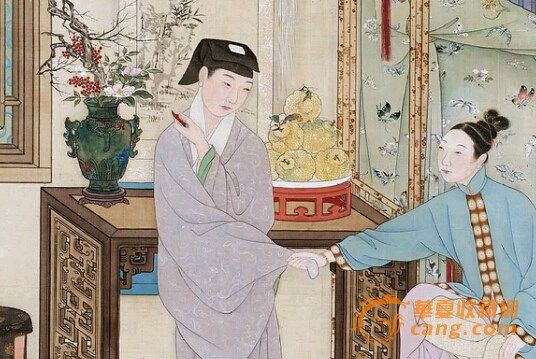 　　帳前大盤堆放香櫞，并有一瓶歲寒清供，山茶、梅、南天竹