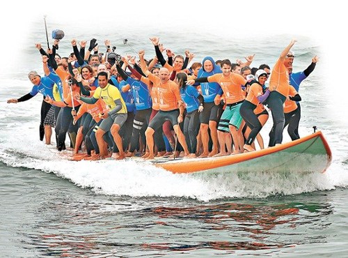 這塊巨型沖浪板長42英尺(約12.8米)、寬11英尺、重1300磅，66名沖浪高手成功在沖浪板上沖浪12秒。