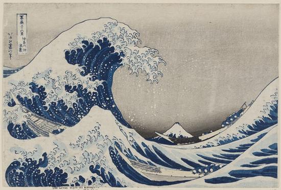 《神奈川沖浪里》（Kanagawa-oki nami-ura），又名《巨浪》，出自《富岳三十六景》系列?(Fugaku sanj?rokkei） 藝術家：葛飾北齋（日本, 1760–1849） 年份：約1830-31年（Tenp? 1–2） 類別：浮世繪; 紙本彩墨 * William Sturgis Bigelow Collection* 圖片：? Museum of Fine Arts, Boston