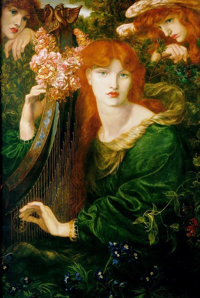 但丁·加百列·羅塞蒂，《彈豎琴的女人》（1873），布面油畫。（來自倫敦市政廳藝?yán)龋? style=