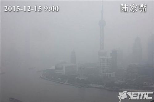 12月15日上午9時的陸家嘴被籠罩在霧霾中。