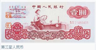 第三套人民幣：第三套人民幣于1962年4月20日發(fā)行，共有1角、2角、5角、1元、2元、5元、10元等7種面額、13種版別，其中1角券別有4種(包括1種硬幣)，2角、5角、1元有紙幣、硬幣2種。