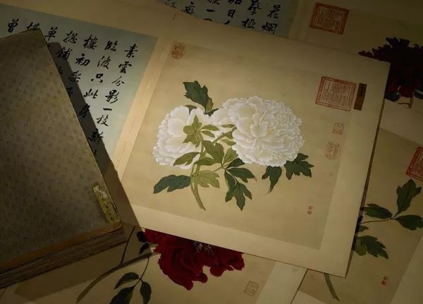 蔣廷錫百種牡丹譜 絹本冊(cè)頁(yè)（四冊(cè) 蔣廷錫畫(huà)、戴臨書(shū)法各一百幀）