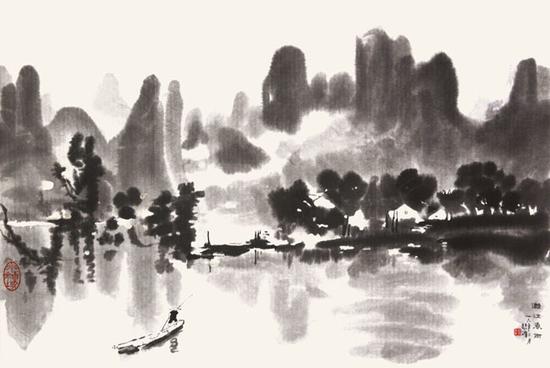 現(xiàn)代?徐悲鴻《漓江春雨》 （木版水?。?畫心 80cm×113cm