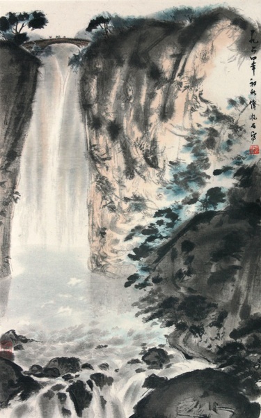 傅抱石《瀑布》（木版水?。? longdesc=