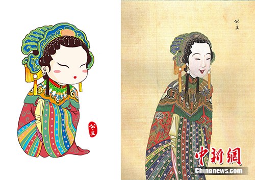 　　以國圖館藏《慶賞升平》為基礎(chǔ)設(shè)計(jì)的公主形象（左），右圖為《慶賞升平》中的公主形象。國家圖書館供圖