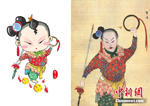 　　以國圖館藏《慶賞升平》為基礎(chǔ)設(shè)計(jì)的哪吒形象（左），右圖為《慶賞升平》中的哪吒形象。國家圖書館供圖