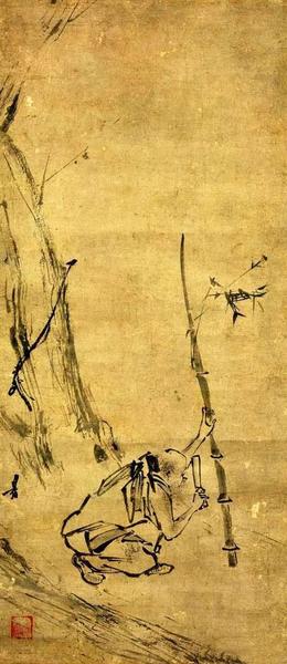 《六祖截竹圖》 宋 梁揩，紙本，縱73厘米，橫31.8厘米
藏日本東京國立博物館