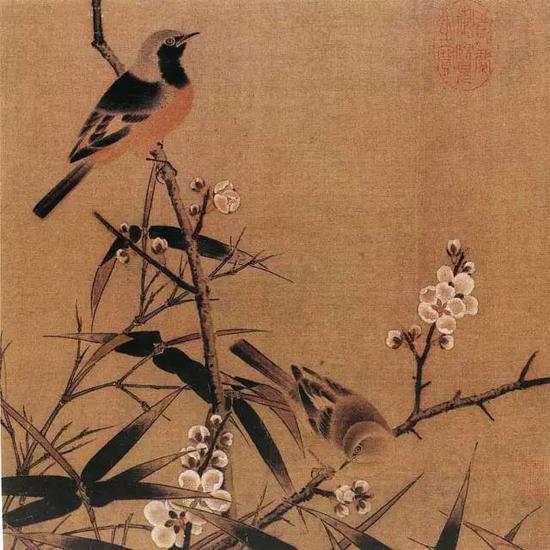 《梅竹雙雀圖頁(yè)》 宋，絹本設(shè)色，26c×26.5cm