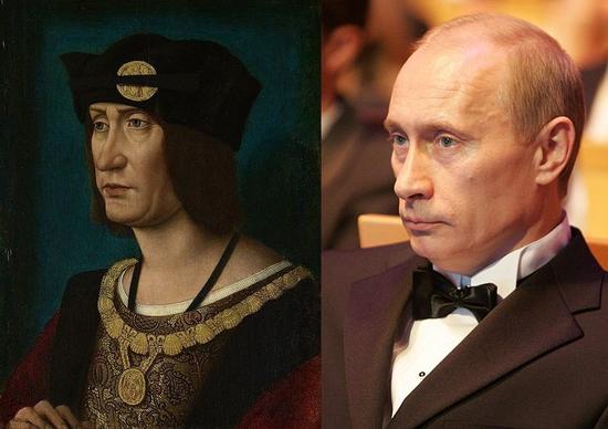 左： 讓·佩雷拉（Jean Perréal），《路易十二國王肖像》（Portrait of King Louis XII），約1500年。圖片：Courtesy of Wikicommons 右：弗拉基米爾·普京，2008。圖片：Courtesy of Wikicommons
