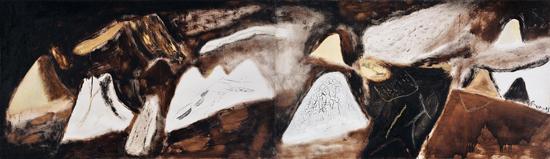 尚揚 蛇年風景 布面油畫、丙烯 118×406cm 2001 年作 北京保利 2016 春拍 成交價：1242 萬元