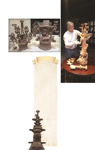 漢代陶制七頭油燈。十三頭的西王母油燈是“鎮(zhèn)館之寶”。陳履生現(xiàn)場安裝布置。

