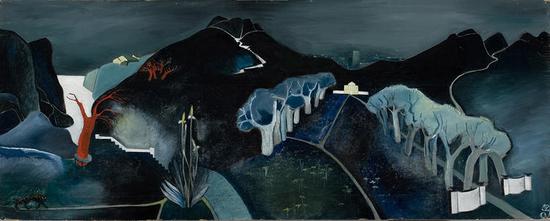 　　Tove Jansson， Mysterious Landscape， c。 1930， Oil on plywood， 61 x 152.5 cm， Ateneum Art Museum。 Photo： Finnish National Gallery / Hannu Aaltonen