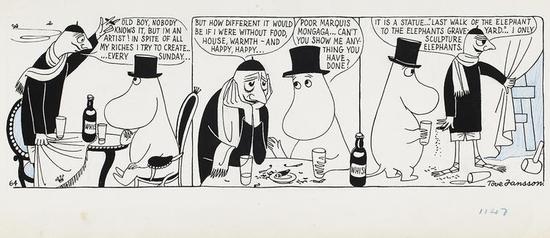 　　Tove Jansson， Comic strip Moomin on the Riviera， 1955， British Cartoon Archive， University of Kent。 Photo： Finnish National Gallery / Jenni Nurminen