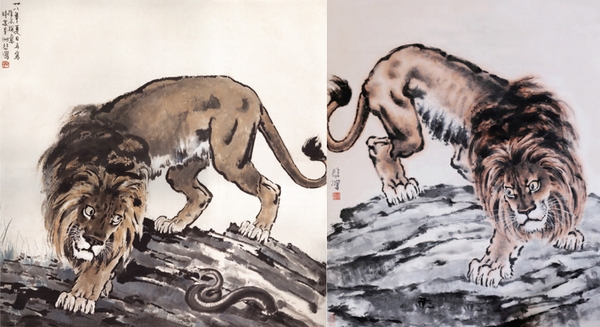 左圖為徐悲鴻《側(cè)目》真跡111×109cm 右圖為《側(cè)目》偽作 左圖為徐悲鴻《側(cè)目》真跡111×109cm 右圖為《側(cè)目》偽作