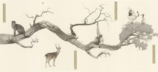 　　《望春風-鶴：培風；豹：寓言；鹿：瞻爾；猴：負舟》 128×276厘米×4 紙本設(shè)色 秦艾 2016年