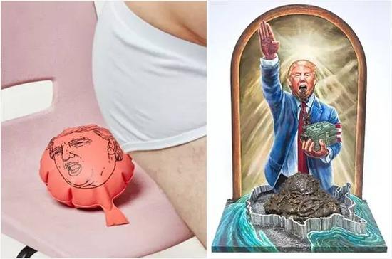 左圖是特朗普屁墊，右圖是諷刺特朗普乃當(dāng)代希特勒的漫畫。