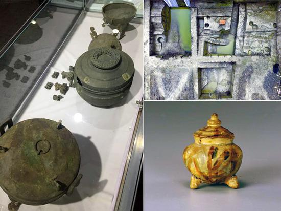 拼版圖片，左：成都市青白江區(qū)大彎鎮(zhèn)雙元村發(fā)掘出土的青銅器；右上：成都市青龍街一工地發(fā)現(xiàn)的摩訶池西北角遺址；右下：邛窯精品邛三彩香爐。