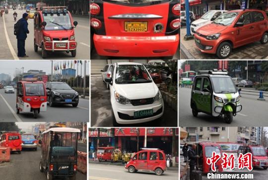 各種違規(guī)上路行駛的電動三四輪車和五花八門的牌子?！⒅铱?攝