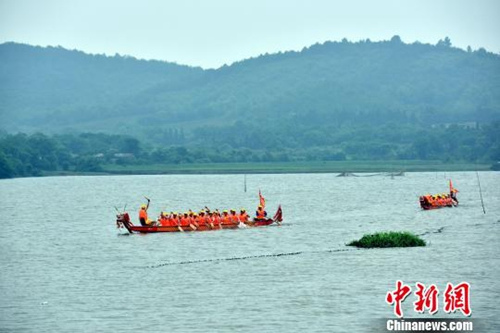 資料圖：江南水鄉(xiāng)端午節(jié)前龍舟“發(fā)船” 祈風調(diào)雨順。龍舟在湖中辟波斬浪?！∪f朝暉 攝