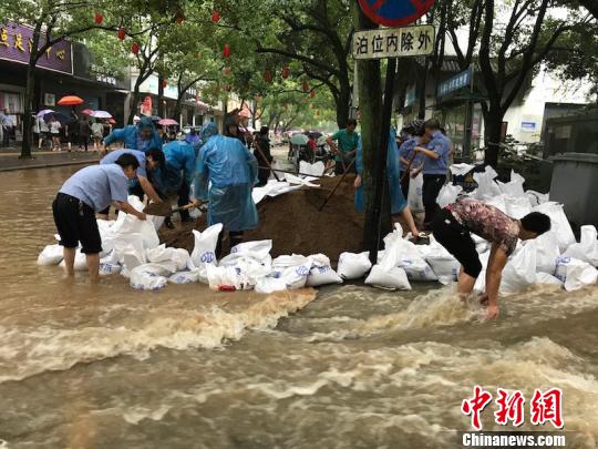 圖為蘭溪民眾協(xié)力堆沙包，嚴(yán)防死守汛情 奚金燕 攝