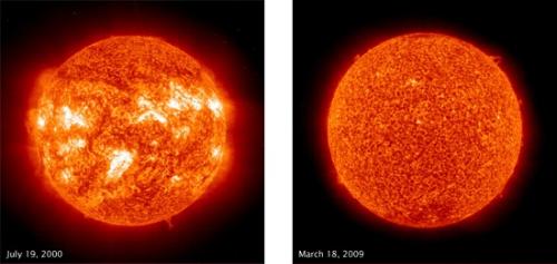 2000年(左)和2009年(右)的太陽紫外線圖像。(圖片來源：NASA)