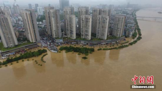 7月3日，因受連日暴雨影響，廣西柳江河柳州段出現(xiàn)超警戒水位。圖為被水淹的柳州市濱江東路。 王以照 攝