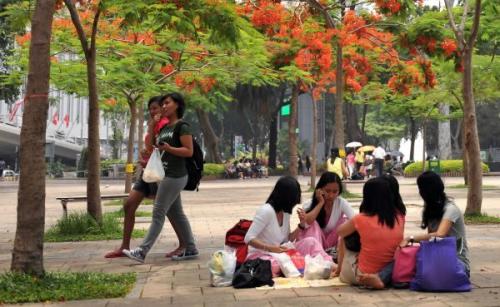 資料圖片：在香港維多利亞公園休息的菲傭。新華社記者 陳曉偉 攝
