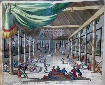 《荷蘭人在北京宴席圖》 1662年，彩色版畫，Olfert Dapper,GedenkwaerdigBedrijf, 1670年