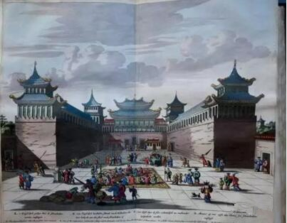 《荷蘭人在北京朝貢圖》 1662年，彩色版畫，Olfert Dapper,GedenkwaerdigBedrijf, 1670年