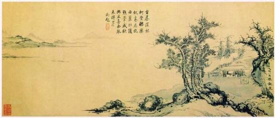 元代張觀《疏林茅屋圖》，北京故宮博物院藏