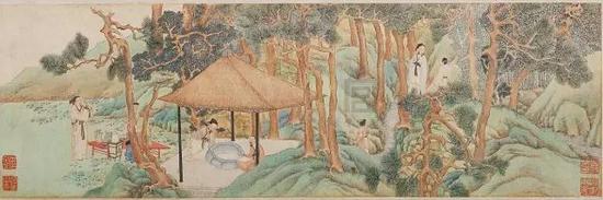 文征明《惠山茶會(huì)圖》，絹本，設(shè)色，縱21.9cm，橫67cm，北京故宮博物院藏