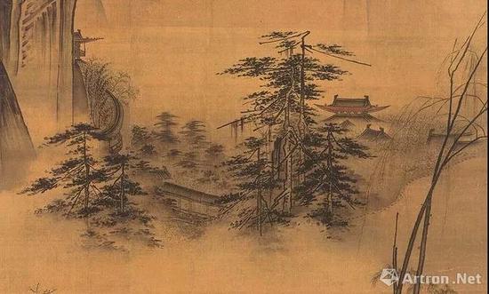 《踏歌圖》中影影綽綽的山間建筑，令人心生向往。