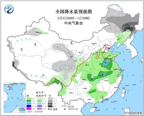 圖2 全國降水量預(yù)報圖(3月3日08時-4日08時)