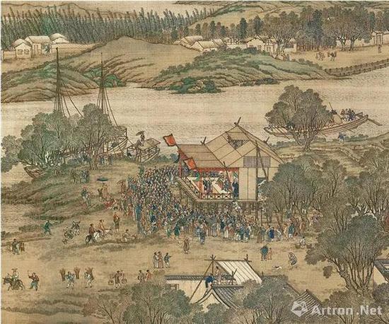 　　（清）陳枚、孫祜、金昆、戴洪、程志道 　　清院本 清明上河圖（局部） 絹本設(shè)色縱35.6厘米橫 1152.8厘米 臺(tái)北“故宮博物院”藏