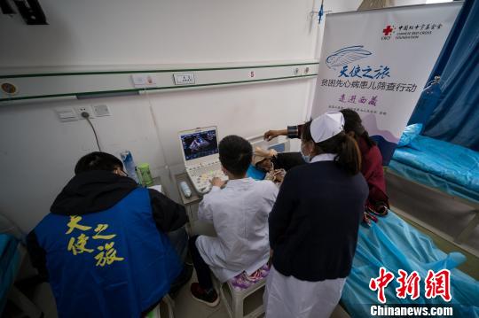 圖為醫(yī)療專家通過心臟彩超篩查先心病患兒?！『闻罾?攝