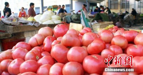 資料圖：市某農(nóng)貿(mào)市場里頭里出售的西紅柿。