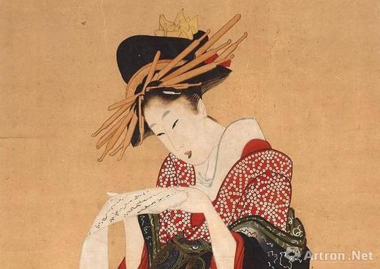 《藝妓讀信》局部，喜多川歌麿  （？-1806），彩色木刻版畫(huà)，約1805—1806年