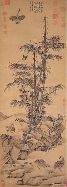 王淵，《竹雀圖》軸，元，紙本水墨，139.3×49.9厘米，日本大阪市立美術(shù)館藏