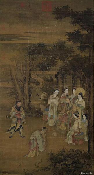 宋人《卻坐圖》絹本設(shè)色，縱146.8厘米，橫77.3厘米，現(xiàn)藏臺(tái)北故宮博物院