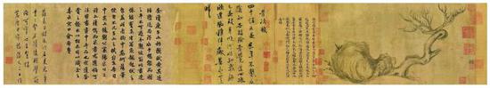 香港佳士得2018秋拍以4.636億港元成交的北宋蘇軾《木石圖》手卷，水墨紙本，27.2×543厘米 