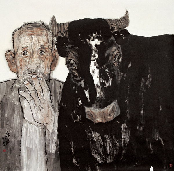 袁武，老人與牛之一 ，145×145cm，紙本水墨設(shè)色，2011