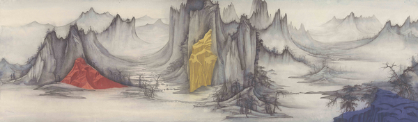 徐累，互山-1，61.5×210cm，紙本水墨設(shè)色，2017XU Lei,  Interact Mountains 1, 61.5×210cm, Ink and color on paper, 2017