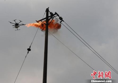 國網(wǎng)重慶永川供電公司工人自制無人機噴火清障裝置消滅高空電線上的馬蜂窩。　周毅 攝